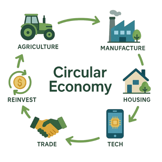 Circular economy diagram showing connected flows between food systems, housing, climate, and green jobs.